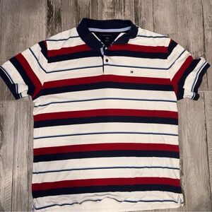 Tommy Hilfiger Men's Striped Polo Shirt - Red, White, and Blue XXL vintage